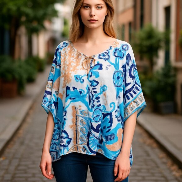 NWOT CHICO'S FLORAL MULTI-PRINT PONCHO SZ-S/M - Picture 1 of 9